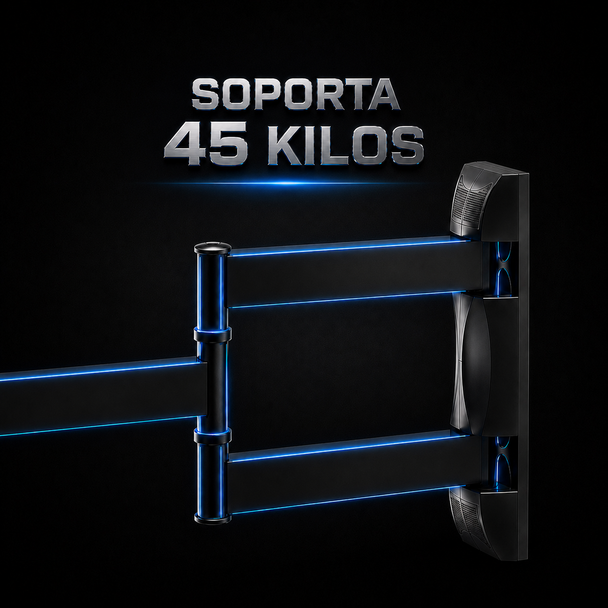 A black adjustable wall mount bracket with glowing blue accent lines, shown against a black background with the text 'SOPORTA 45 KILOS' in metallic silver at the top.