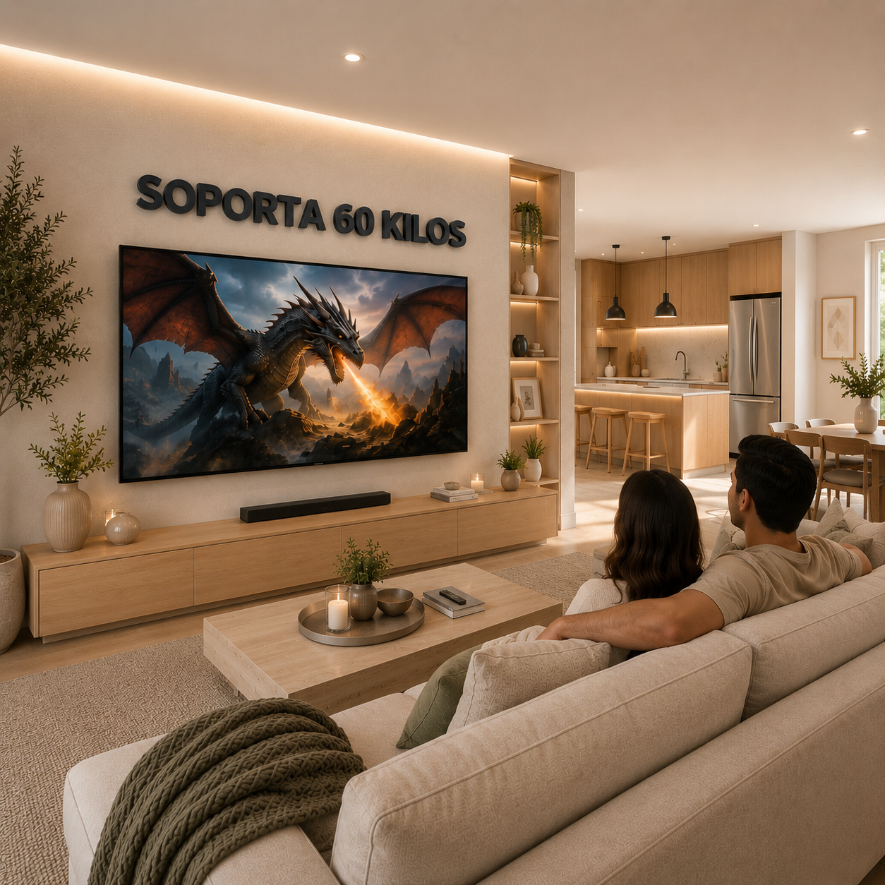 A couple sits on a light beige sofa in a modern living room, facing a large wall-mounted TV displaying a dramatic dragon scene. The wall above the TV has built-in LED lighting and the text 'SOPORTA 60 KILOS' above the screen.