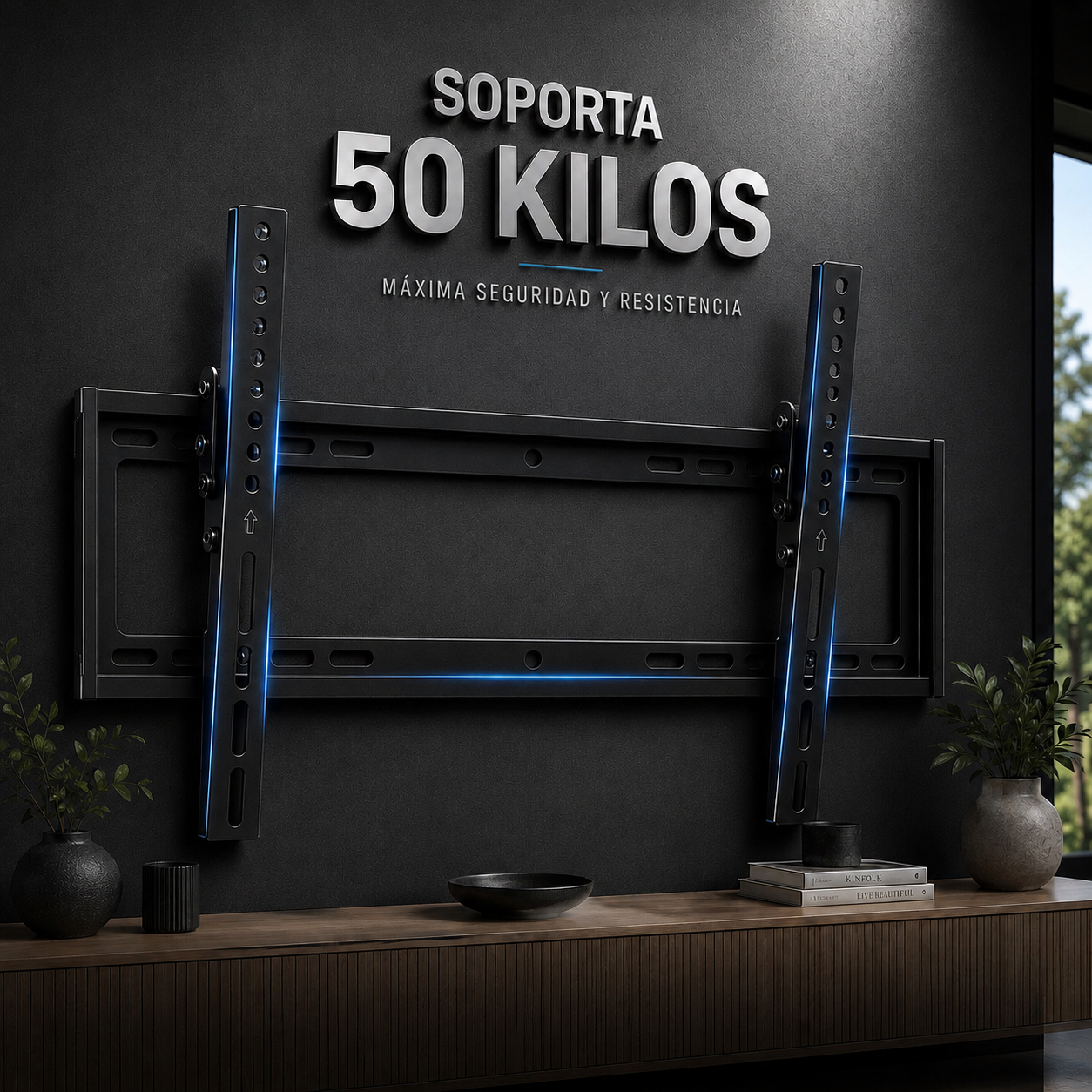 Black wall-mounted TV bracket with blue illuminated accents, shown installed on a dark wall above a wooden console. Large Spanish text on the wall reads 'SOPTA 50 KILOS'.