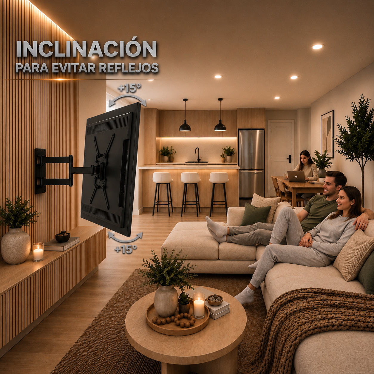A modern living room scene with a large wall-mounted TV shown at an angled view, with Spanish text reading 'INCLINACIÓN PARA EVITAR REFLEJOS' and arrows indicating tilt. A couple relaxes on a beige sectional sofa nearby, and a kitchen is visible in the background.