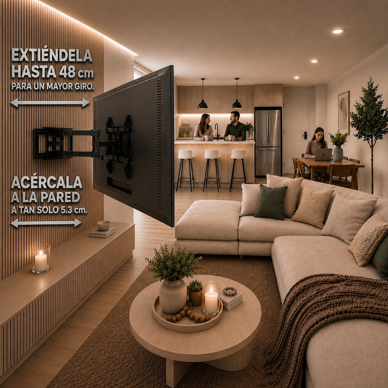 A large wall-mounted TV is shown in a modern living room with Spanish text overlays indicating extendable height up to 48 cm and wall mounting height up to 5.3 cm.