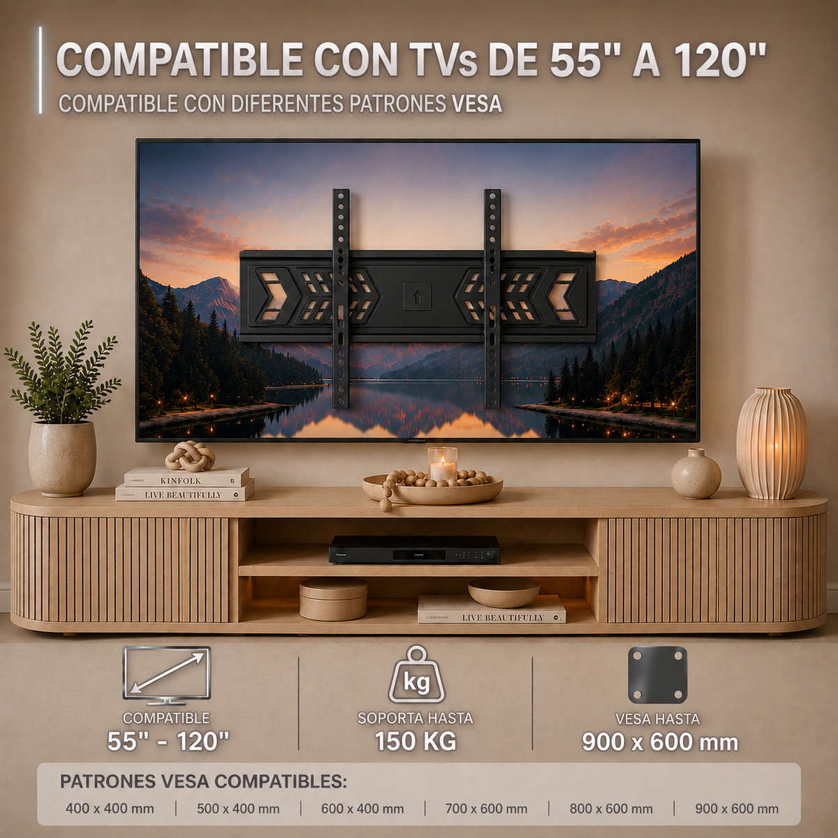 Soporte fijo XPower XF-1200: compatible con TVs de 55" a 120", soporta hasta 150 kg y VESA hasta 900 × 600.