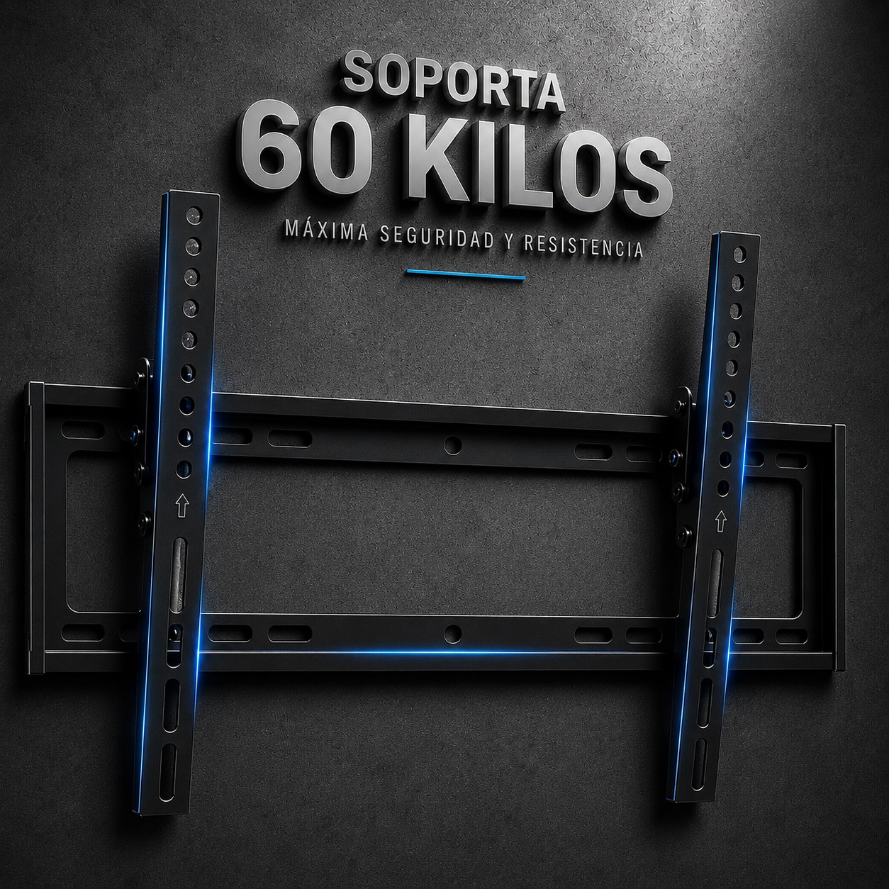 A heavy-duty TV wall mount bracket in black metal, shown against a dark textured gray background with glowing blue accent lines. Spanish text at the top reads 'SOPORTA 60 KILOS' and 'MÁXIMA SEGURIDAD Y RESISTENCIA'.