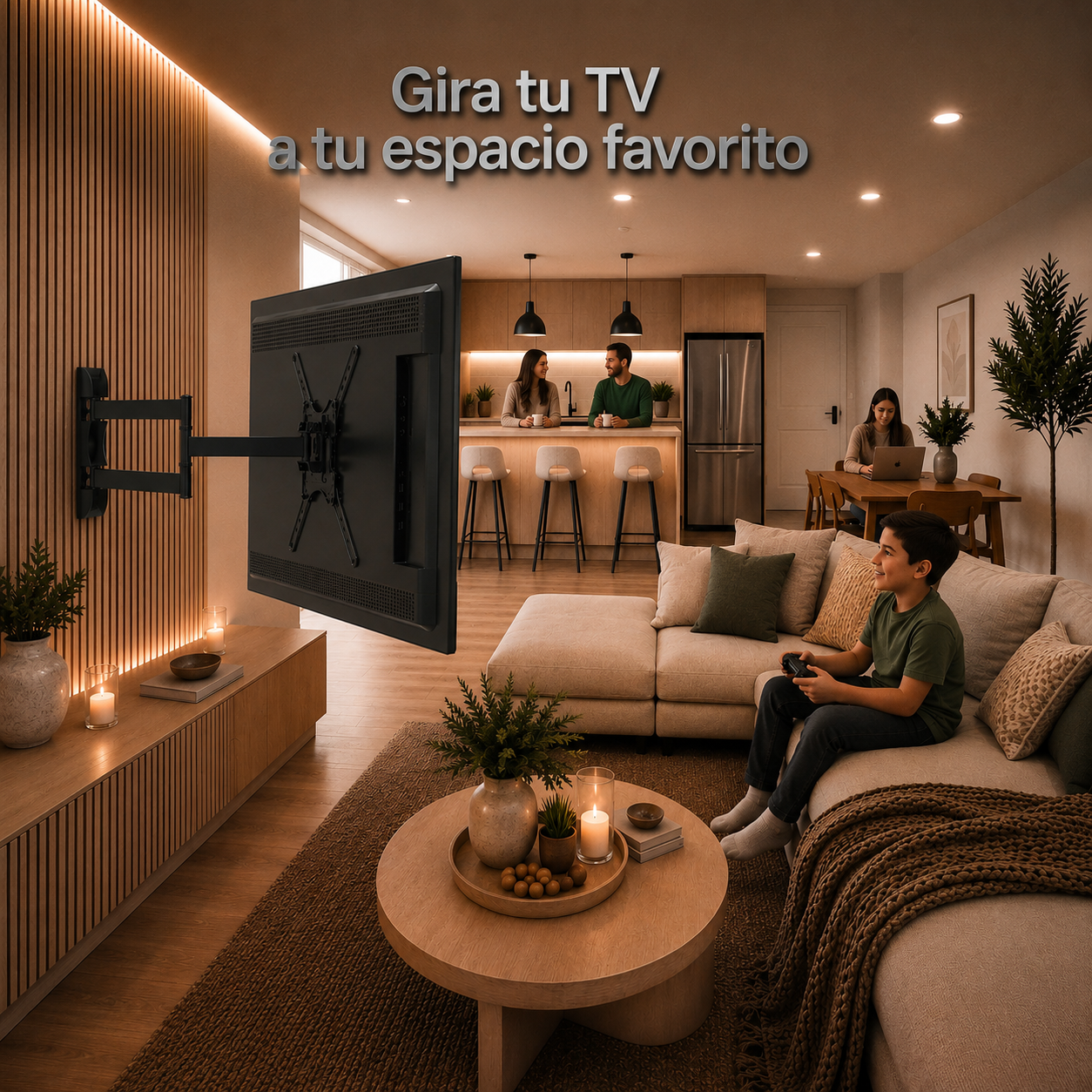 A large wall-mounted TV screen is shown in a modern living room setting, with a person sitting on a beige sofa holding a remote. The scene includes warm ambient lighting, a round coffee table, plants, and an open kitchen in the background.