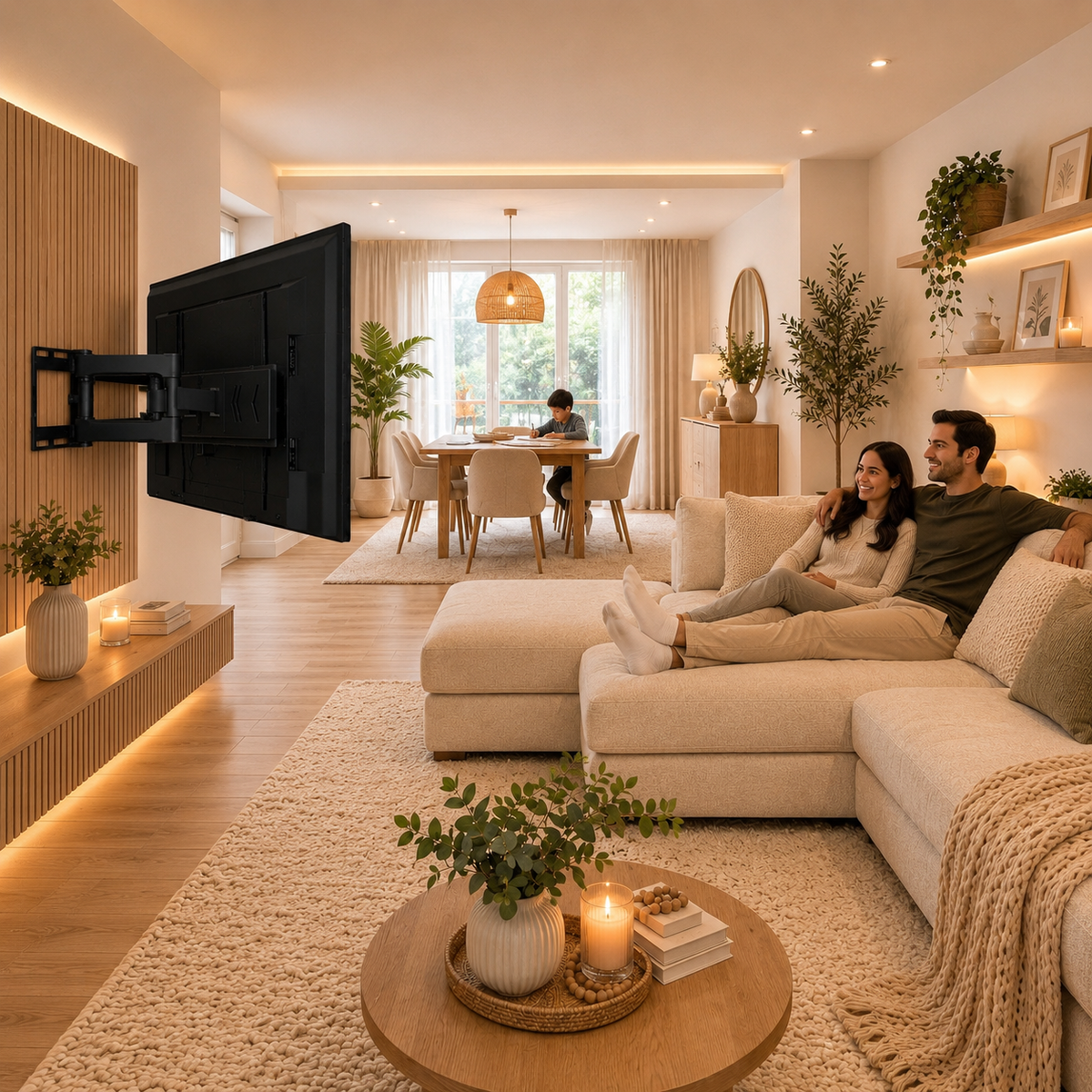 Familia viendo televisión instalada en pared con soporte articulado XPower