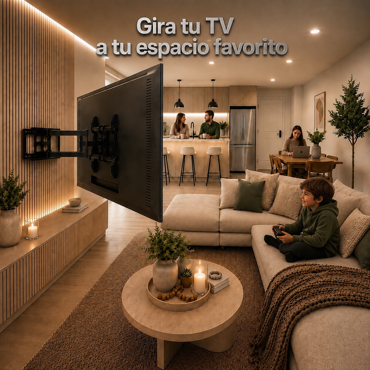 A large wall-mounted flat-screen TV is shown in a modern living room setting, mounted on a slatted wood accent wall with a black wall mount. A child is sitting on a beige sectional sofa in the foreground, and people are visible in the kitchen in the background.