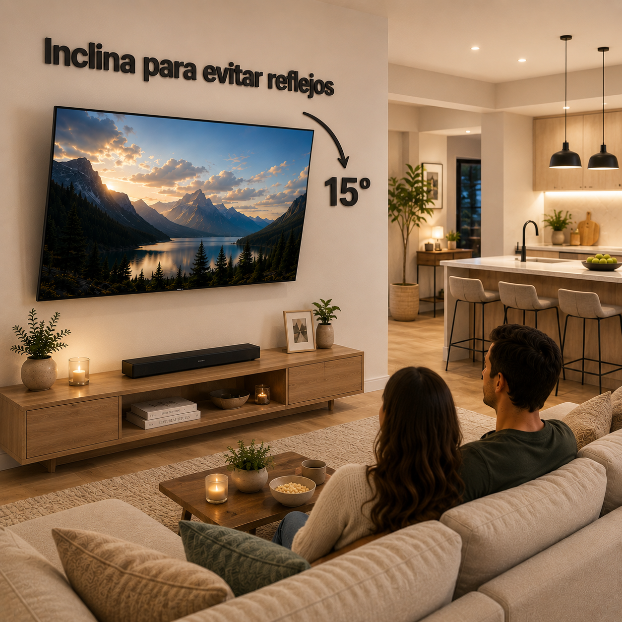 A modern living room scene showing a large wall-mounted TV displaying a mountain landscape. Black wall text above reads 'Inclina para evitar reflexos' with an arrow pointing to the screen and '15°' written beside it, suggesting a 15-degree tilt recommendation.