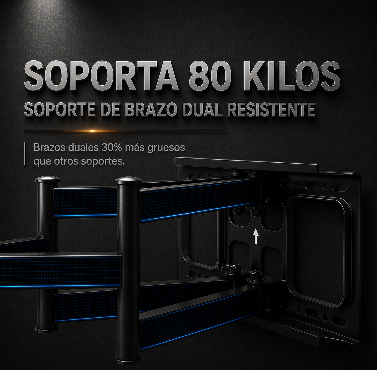 Black dual-brace TV wall mount with blue accent lines, shown mounted on a dark background with Spanish text reading 'SOPORTA 80 KILOS' and 'SOPORTE DE BRAZO DUAL RESISTENTE'.
