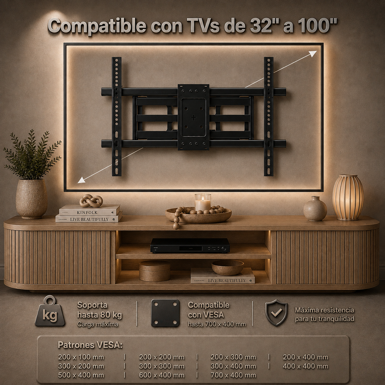 Black wall-mounted TV bracket shown in a styled living room above a wooden media console, with Spanish text indicating compatibility with TVs from 32 to 100 inches and feature callouts.