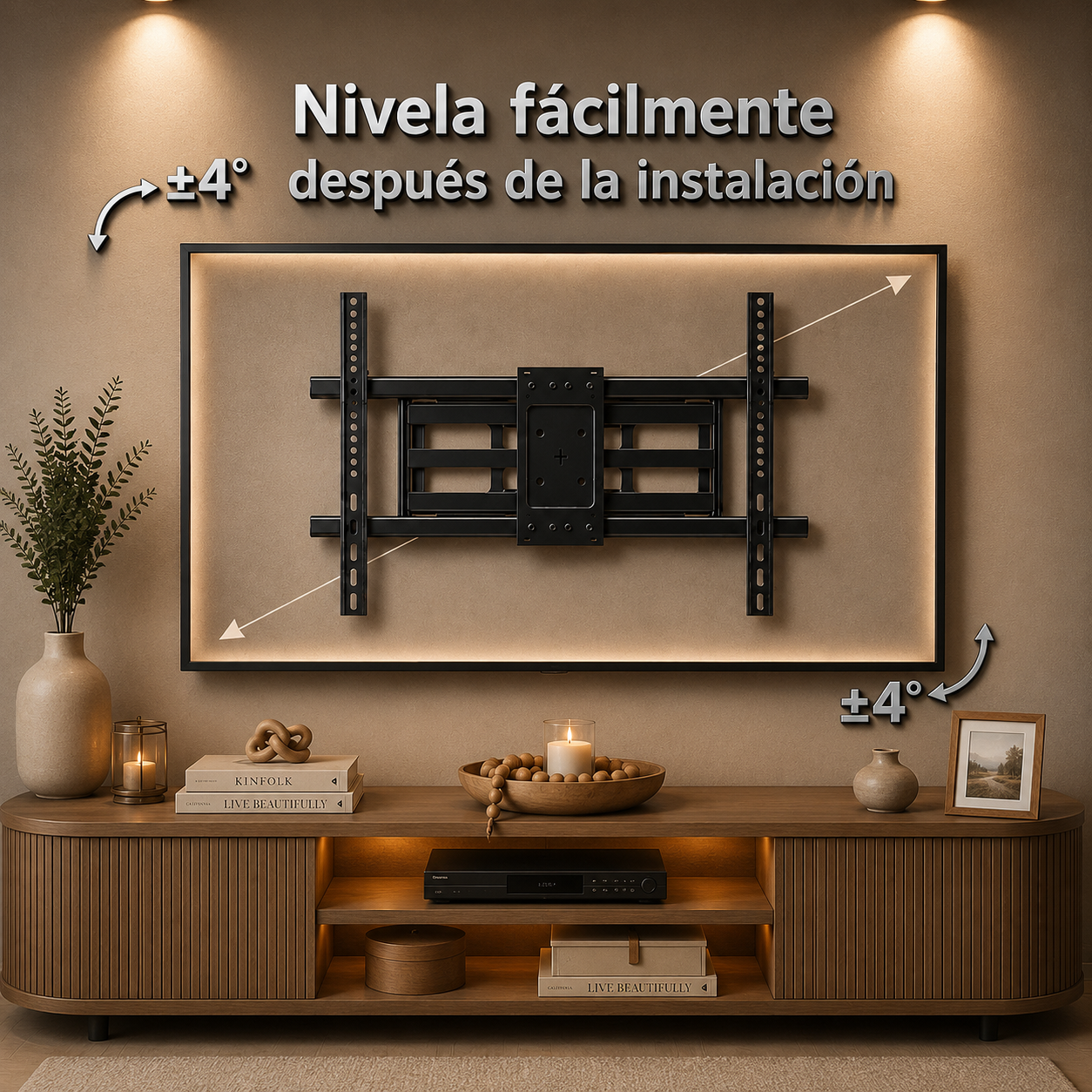A wall-mounted TV bracket shown installed on a beige wall above a wooden media console, with Spanish text reading 'Nivela fácilmente después de la instalación' and +/-4° angle indicators. This is a real interior scene with decor and furniture, so subject_type is Lifestyle rather than Product/Packaging.