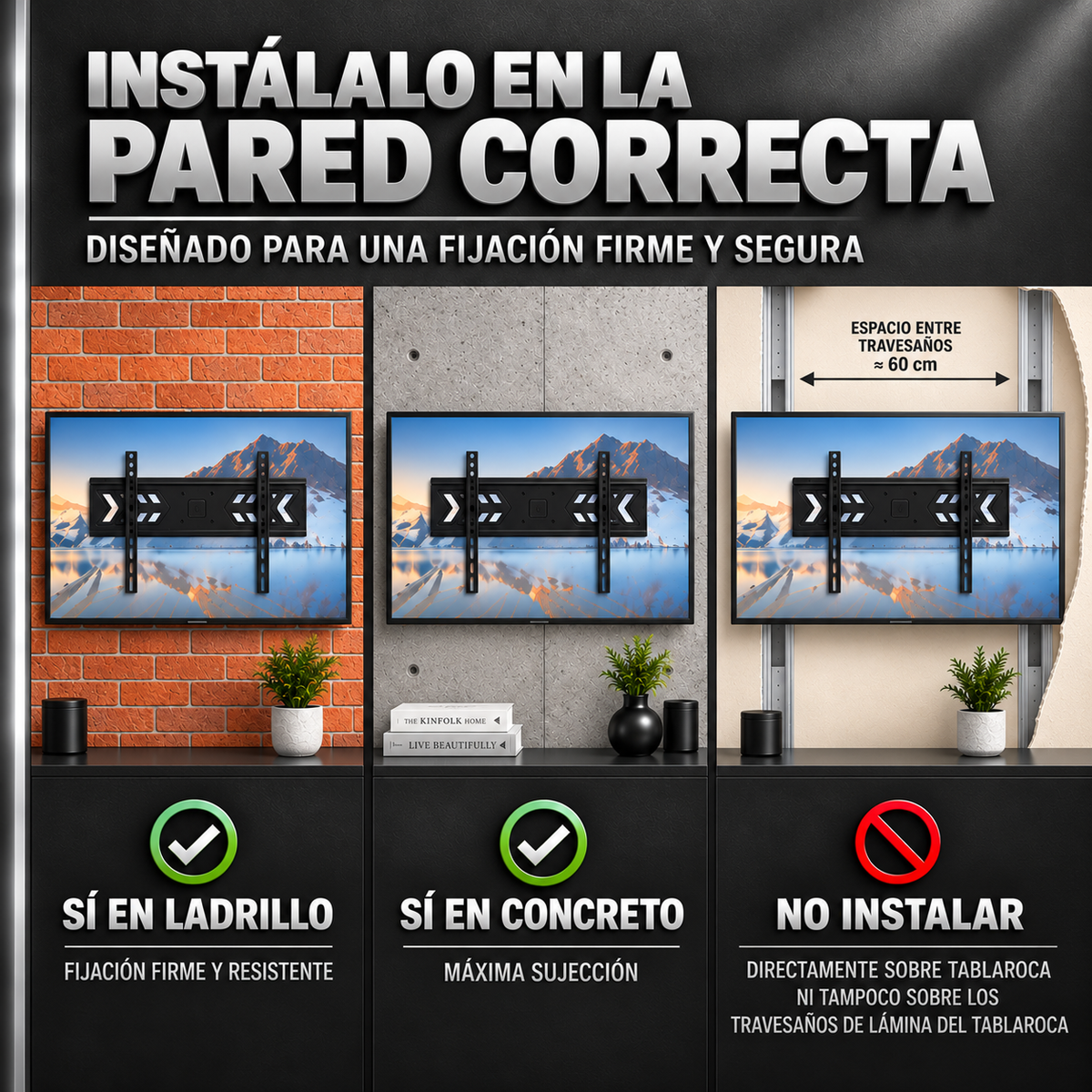 Información de las paredes donde se puede instalar el soporte de TV: sí en ladrillo y concreto; no directamente sobre tablaroca ni sobre los travesaños de lámina.