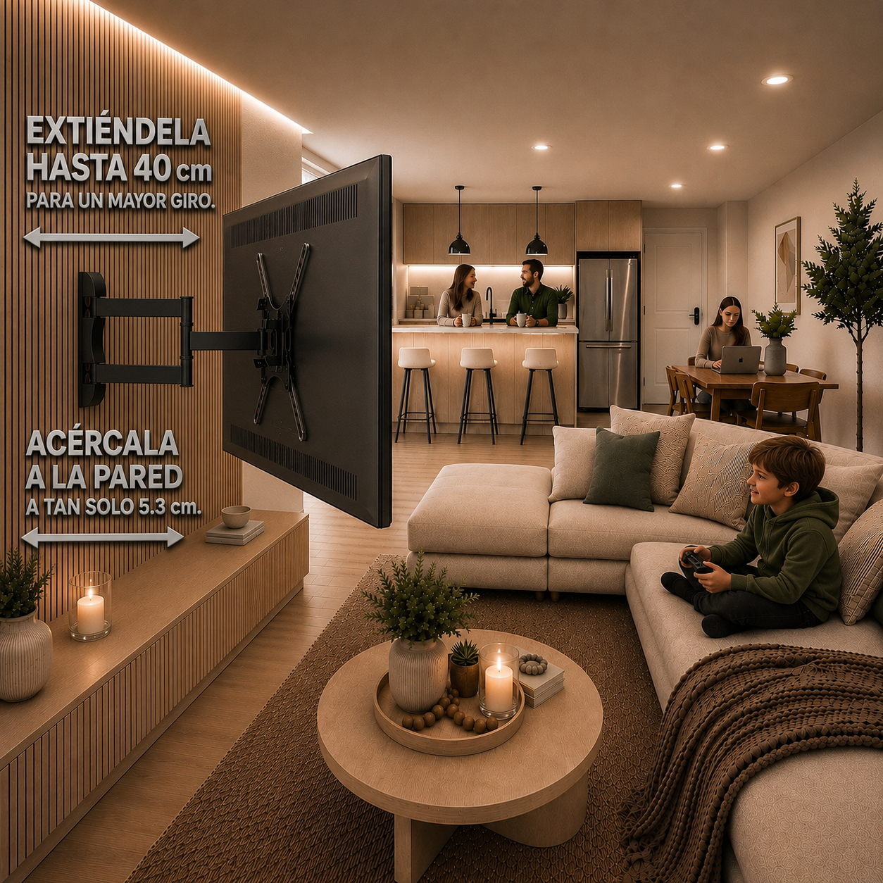 A large wall-mounted TV stand mount shown installed on a living room wall, with a TV attached. The scene includes a child sitting on a beige sofa in a modern living room and kitchen area, with Spanish text overlays describing the mount's extendability and wall-mounting range.