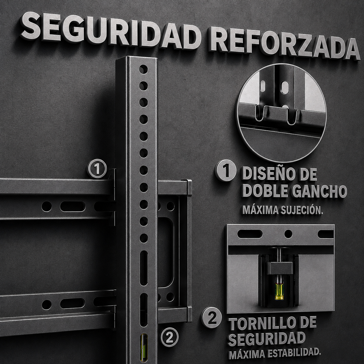 Black metal TV wall mount with Spanish text overlays highlighting double hook design and built-in level features on a dark gray textured background.