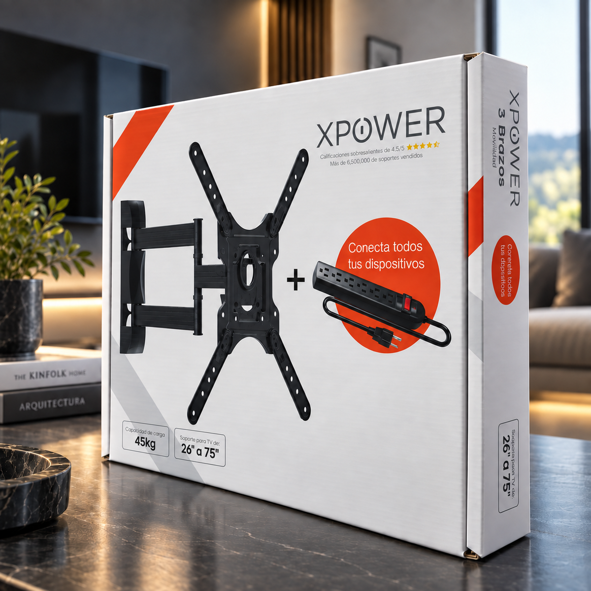 Empaque del soporte articulado XPower MT-1070 con un multicontacto de 6 conectores de regalo; 26 a 75 pulgadas y 45 kg.