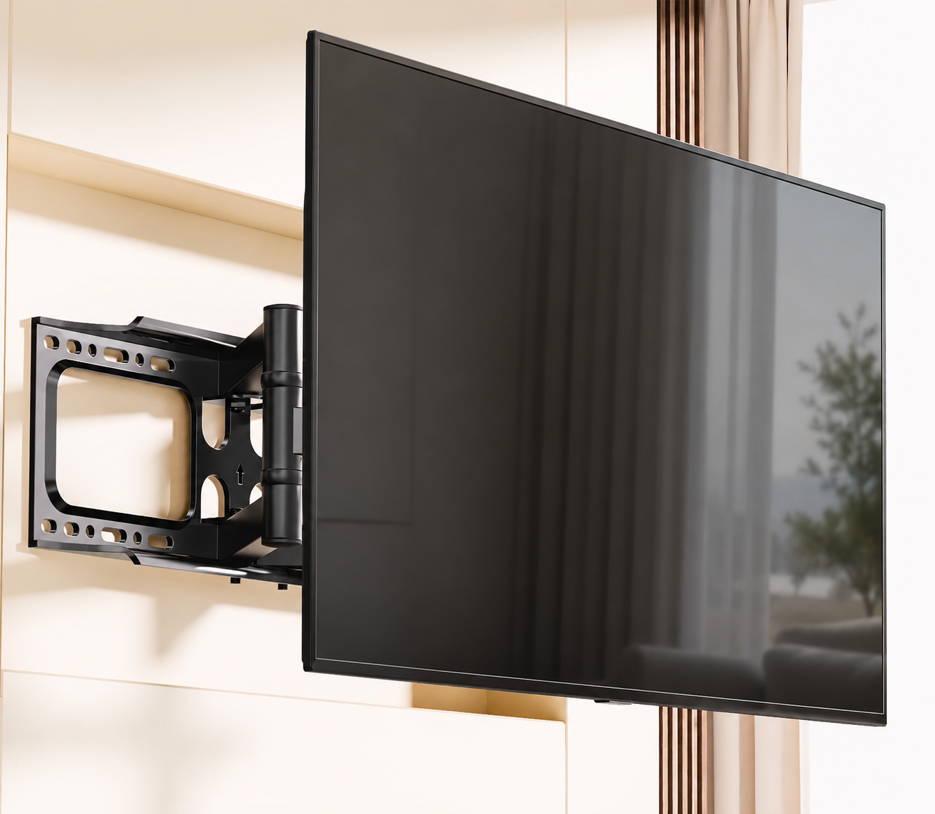 A black flat-screen television mounted on a wall-mounted bracket, shown in a clean interior setting with cream-colored walls and window blinds.