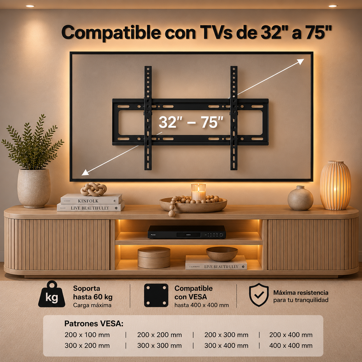 A wall-mounted TV wall mount shown in a styled living room above a wooden media console, with text indicating compatibility for TVs from 32 to 75 inches and a bottom panel with VESA mounting pattern measurements.