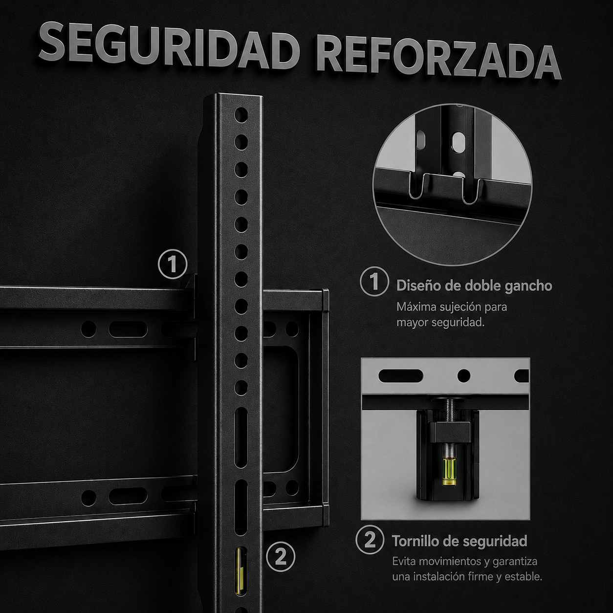 Black wall mount bracket shown on a dark background with Spanish text highlighting reinforced security features, including a double-groove design and safety screw.