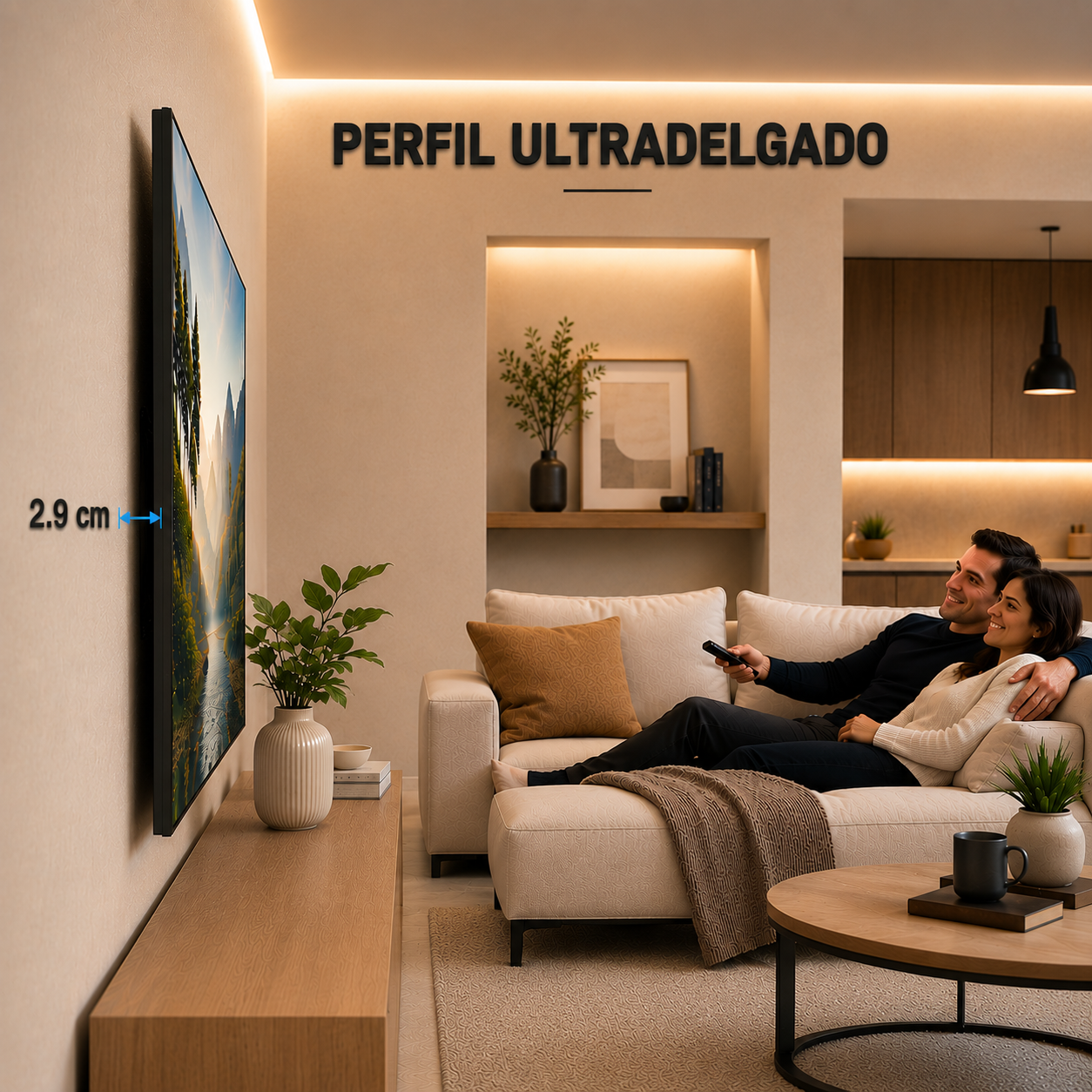 A modern living room scene showing a very slim wall-mounted TV with a large screen, plus a couple reclining on a white sofa. A blue arrow overlay indicates the screen is only 2.
