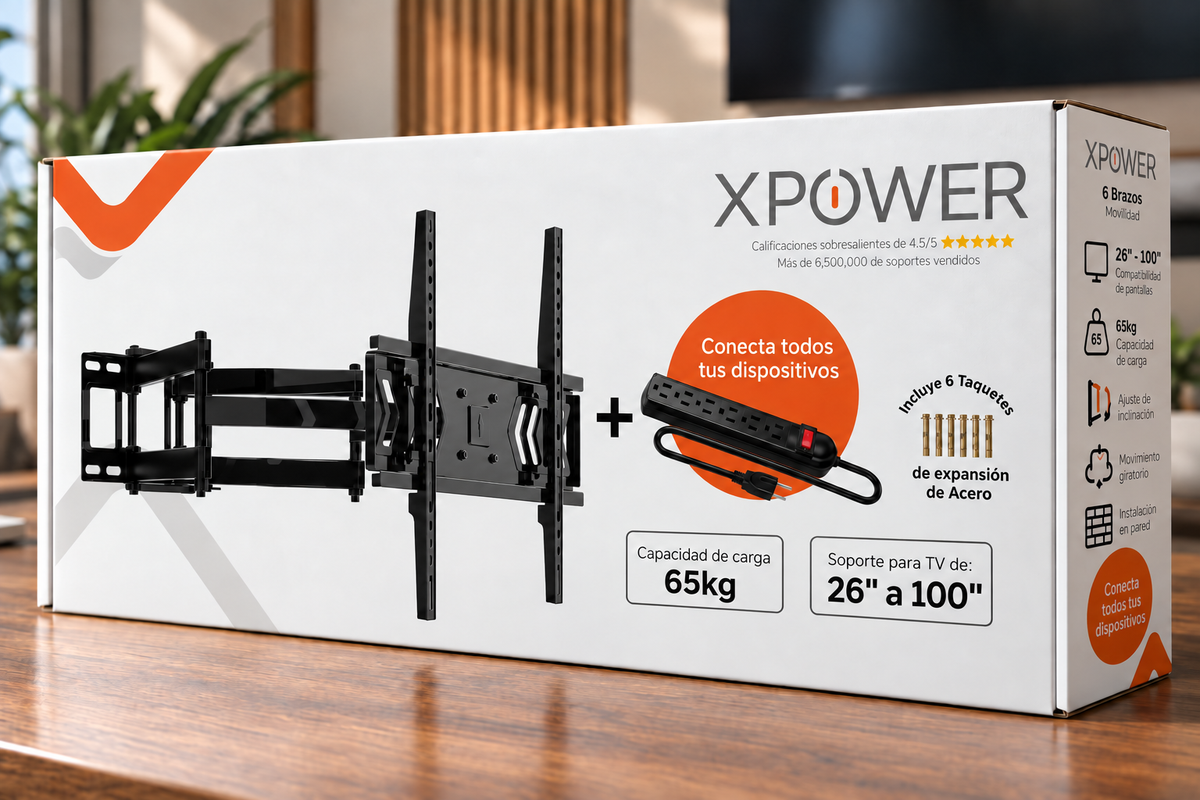Empaque del soporte articulado XPower AX6-800 con un multicontacto de 6 conectores de regalo; 26 a 100 pulgadas y 65 kg.