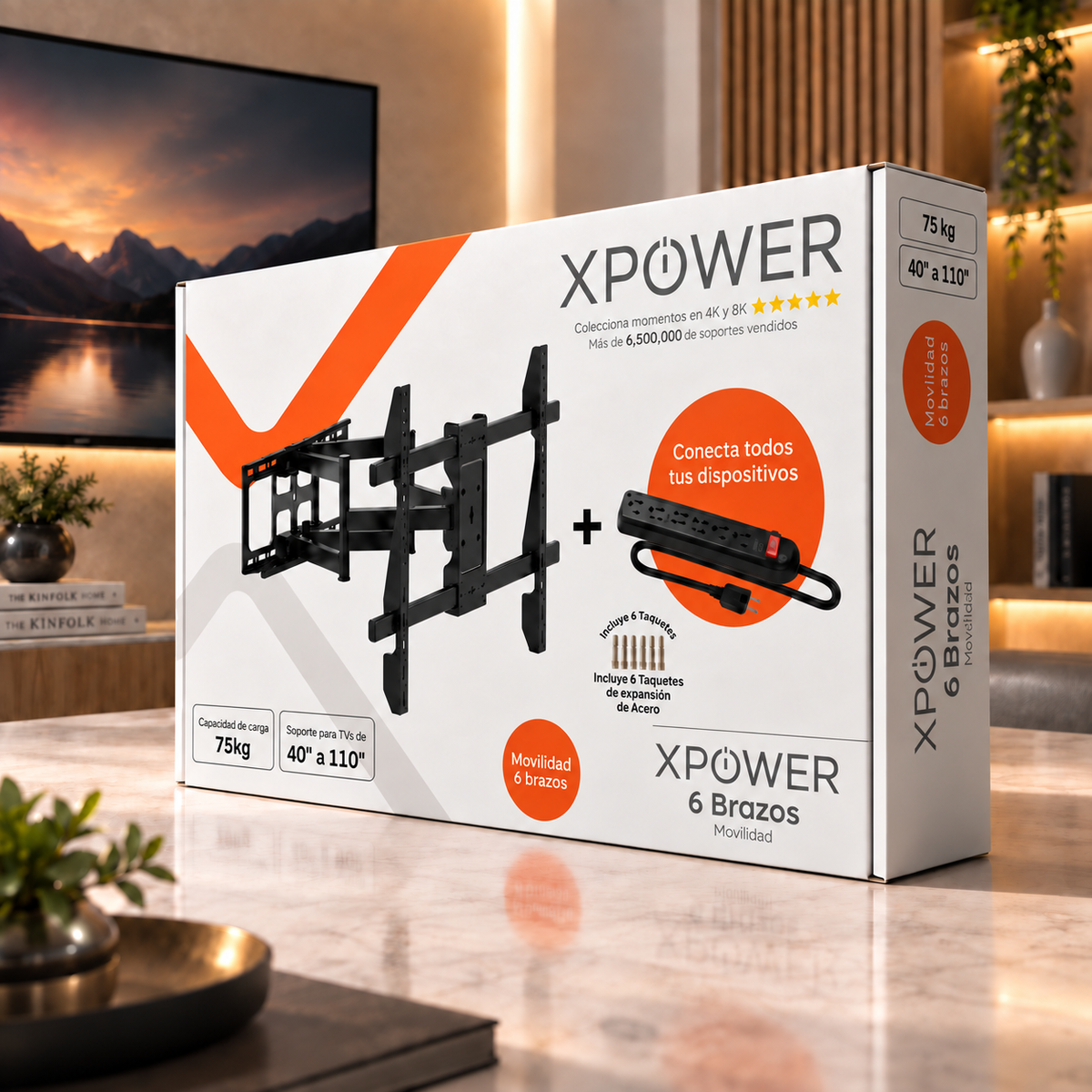Empaque del soporte articulado XPower AX6-1000 con un multicontacto de 6 conectores de regalo; 40 a 110 pulgadas y 75 kg.