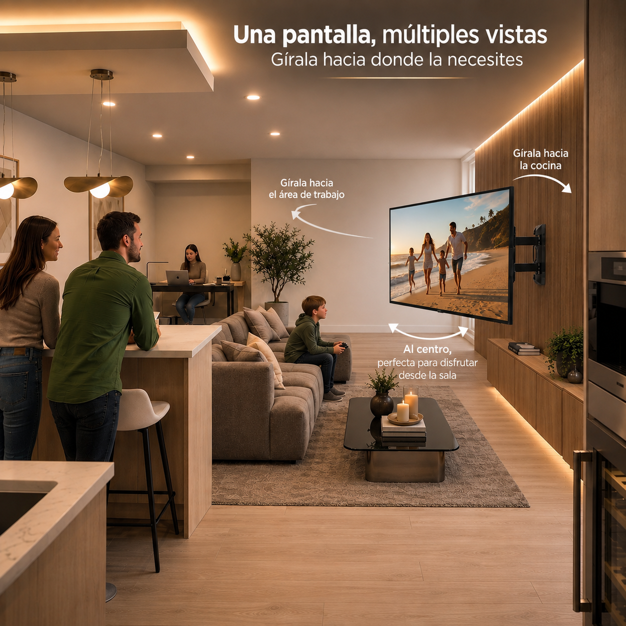 A large wall-mounted TV screen is shown in a modern living room setting, with Spanish text overlays explaining its flexibility and rotation. The scene includes people in the living room and kitchen area, a sofa, coffee table, and warm ambient lighting.