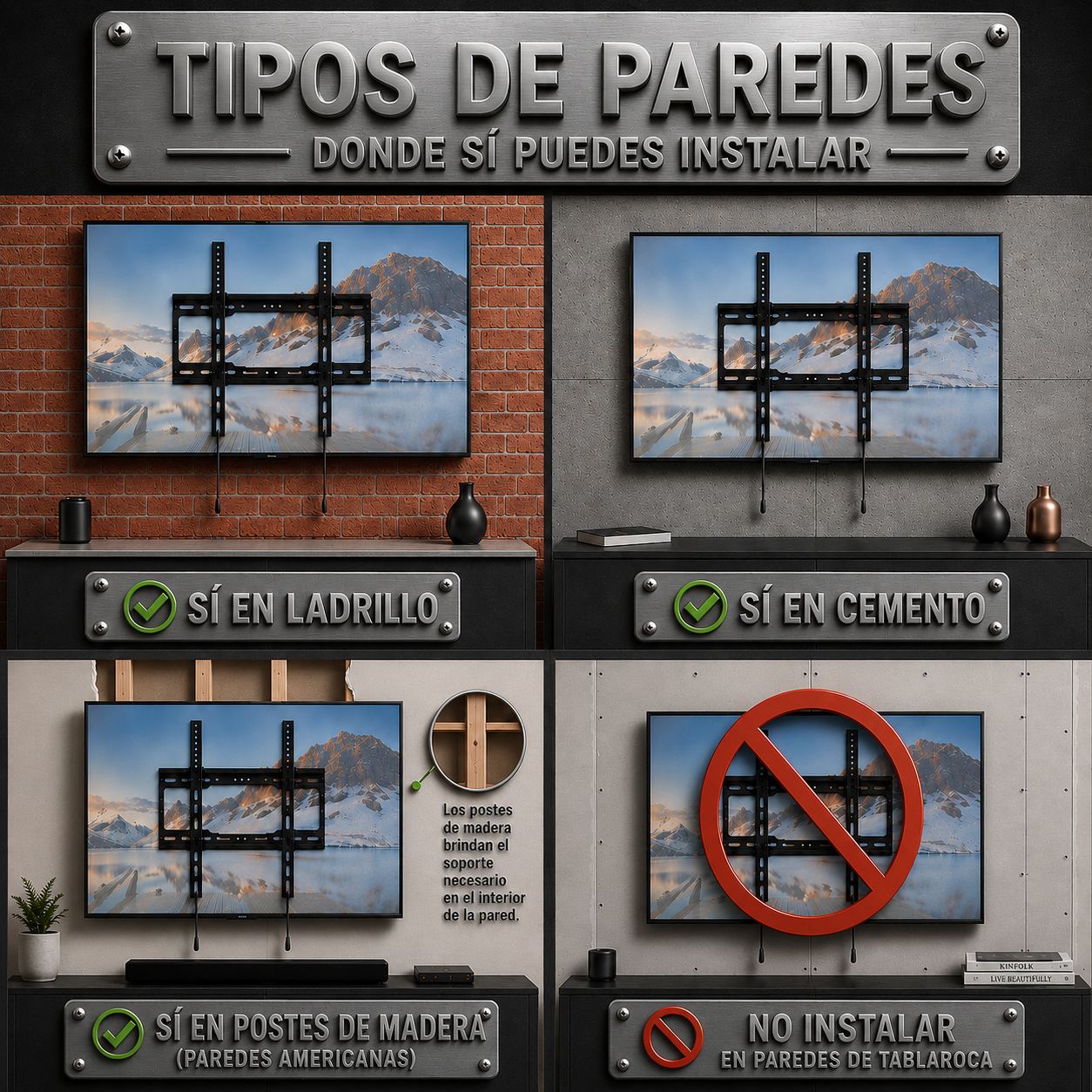 A Spanish-language informational graphic titled 'TIPOS DE PAREDES DONDE SÍ PUEDE INSTALAR' showing four wall-mounted TV mockups with different installation contexts: brick wall, gray wall, concrete wall, and a prohibited symbol over one wall. It functions as an explanatory diagram rather than a clean product photo.