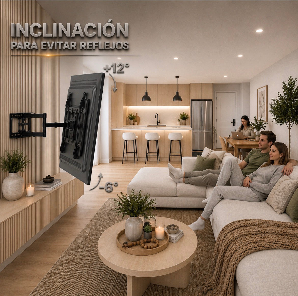 A modern living room interior showing a wall-mounted TV on a tilt bracket, with Spanish text reading 'INCLINACIÓN PARA EVITAR REFLEJOS' and '+12°'. A couple sits on a light sofa watching the TV, and a kitchen is visible in the background.