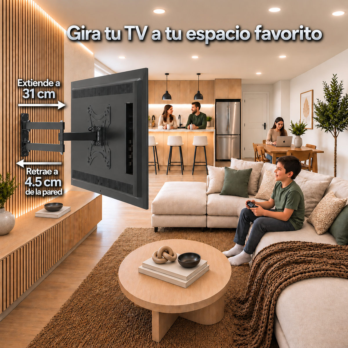 El soporte se extiende a 31cm y se acerca a 4.5cm de la pared.