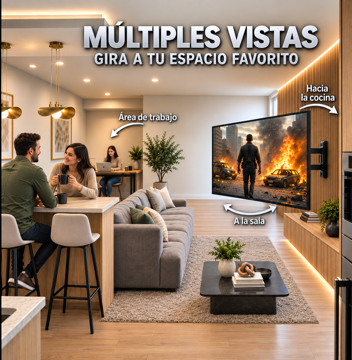 El soporte gira a diferentes ángulos de visión, se puede inclinar para evitar reflejos y se puede retraer a poca distancia de la pared.