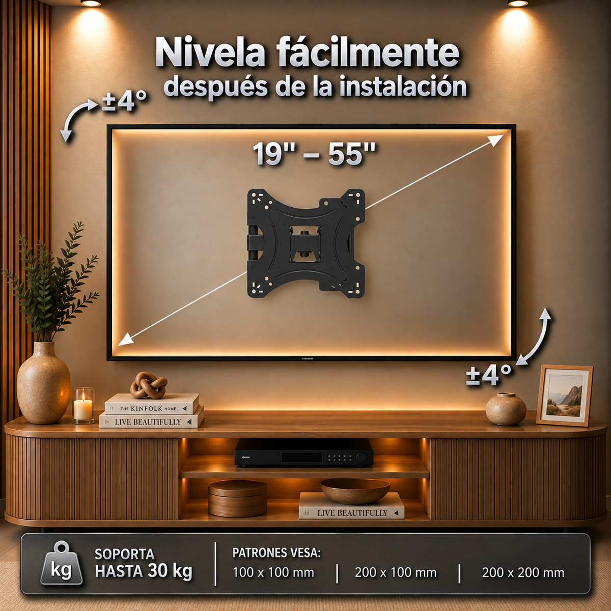 Soporte articulado XPower MT-1040: se nivela después de instalado, para TVs de 19" a 55" y VESA hasta 200 × 200