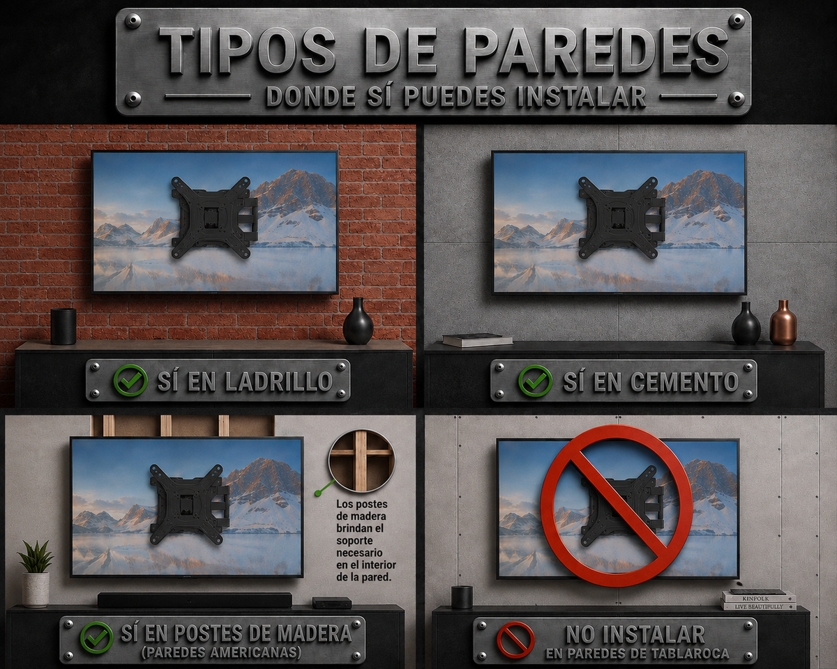 Información de las paredes donde se puede instalar el soporte de TV: sí en ladrillo, cemento y postes de madera (paredes americanas); no en tablaroca.