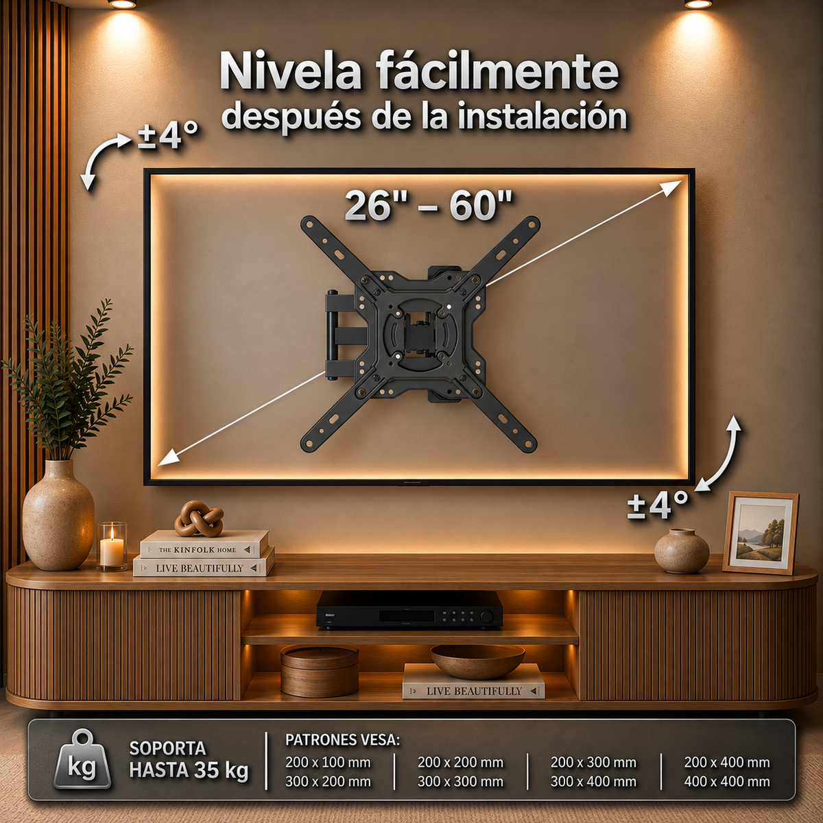 Soporte articulado XPower MT-1055: se nivela después de instalado, para TVs de 26" a 60" y VESA hasta 400 × 400