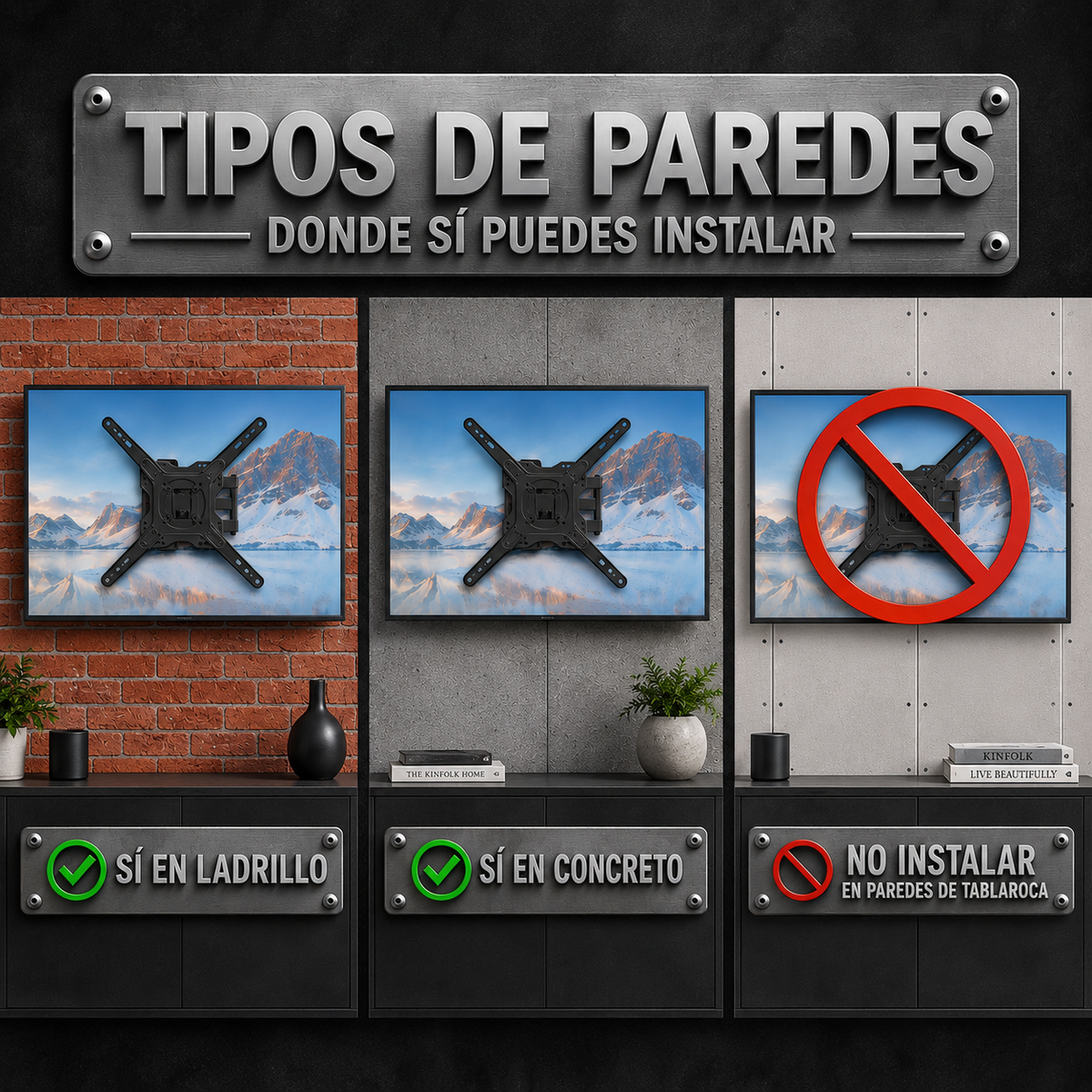 Información de las paredes donde se puede instalar el soporte de TV: sí en ladrillo y concreto, no en tablaroca.

