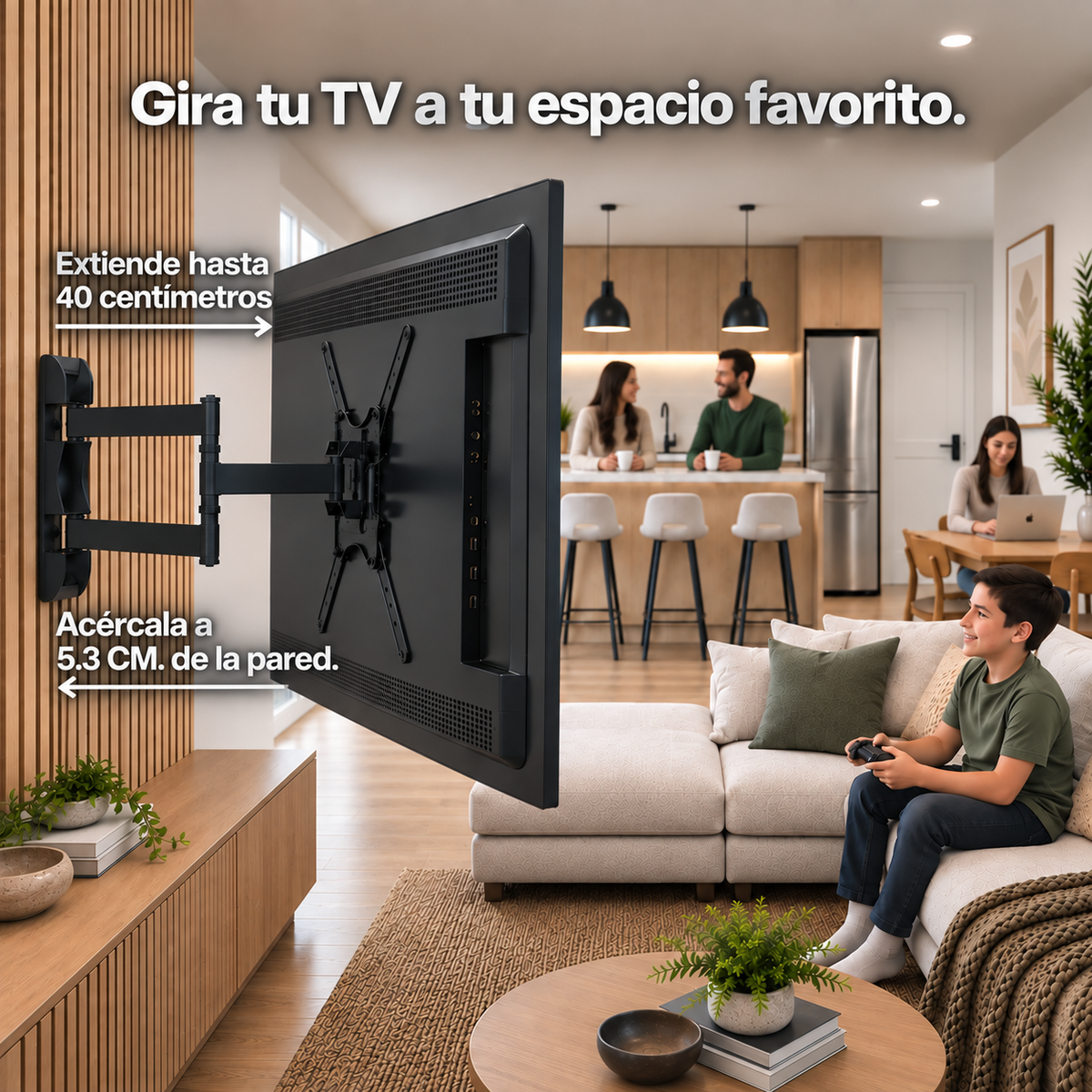 Gira, extiende y retrae el soporte de TV.