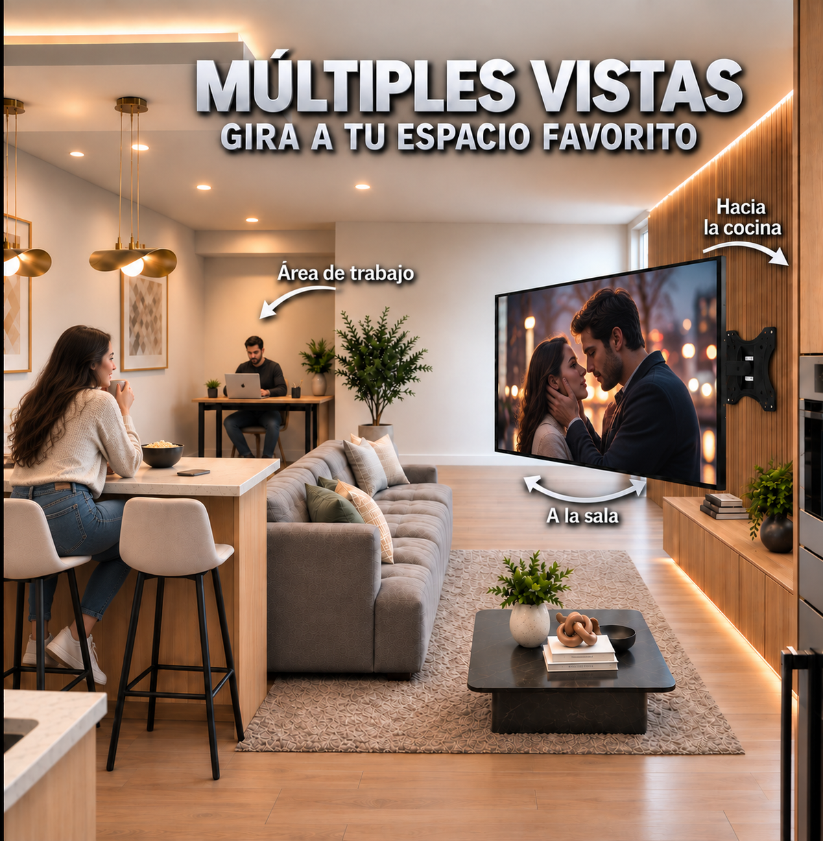 El soporte gira a diferentes ángulos de visión, se puede inclinar para evitar reflejos y se puede retraer a poca distancia de la pared.