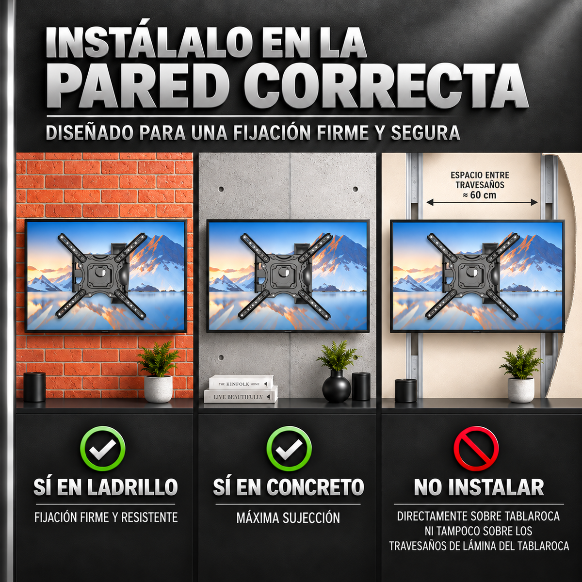 Información de las paredes donde se puede instalar el soporte de TV: sí en ladrillo y concreto; no directamente sobre tablaroca ni sobre los travesaños de lámina.