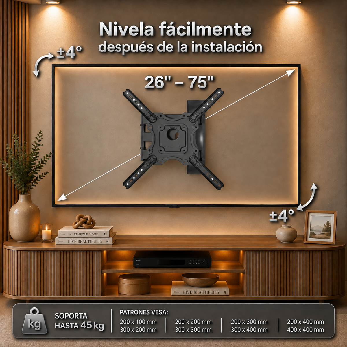 Soporte articulado XPower MT-1070: se nivela después de instalado, para TVs de 26" a 75" y VESA hasta 400 × 400.