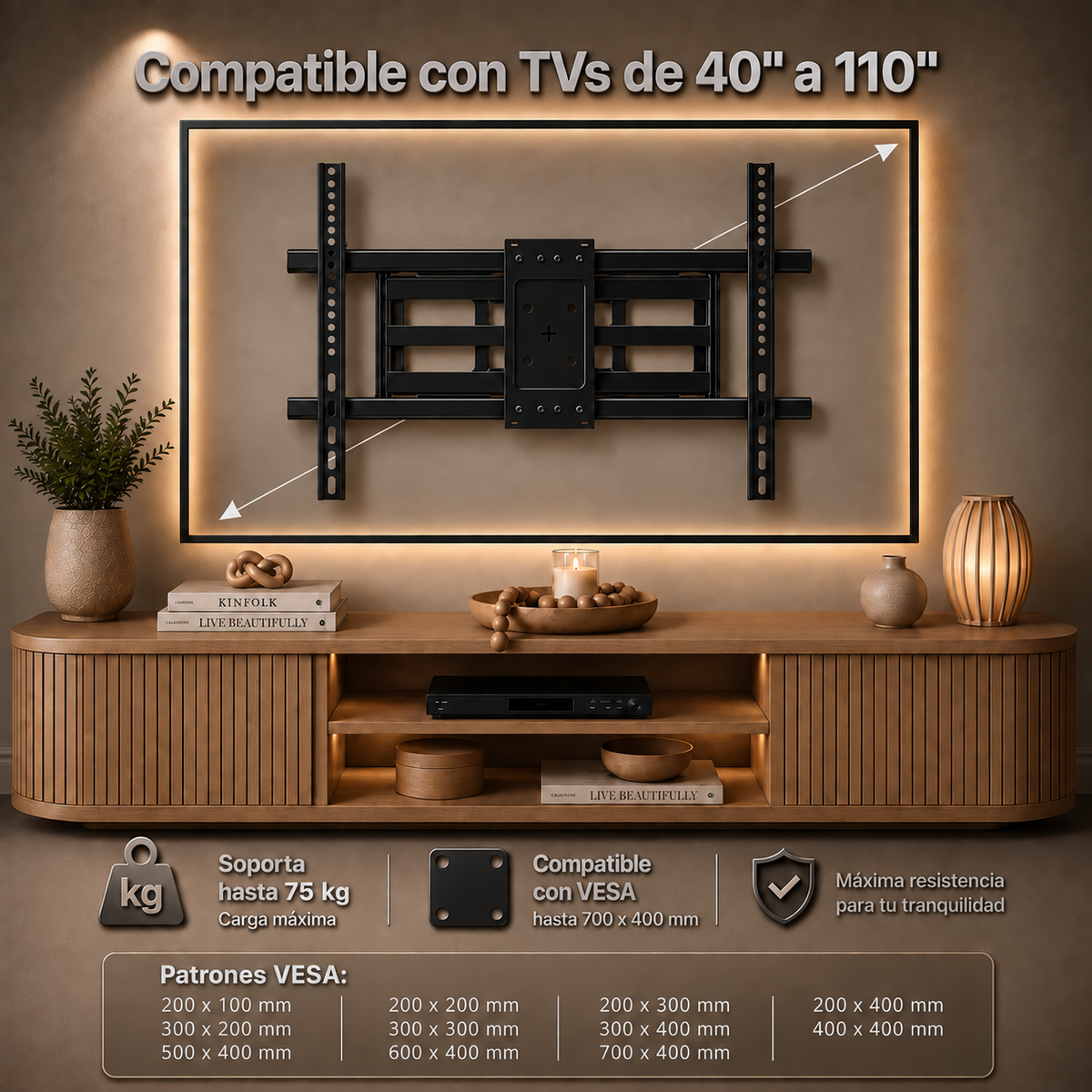 Soporte articulado XPower AX6-1000: compatible con TVs de 40" a 110", soporta hasta 75 kg y VESA hasta 700 × 400.