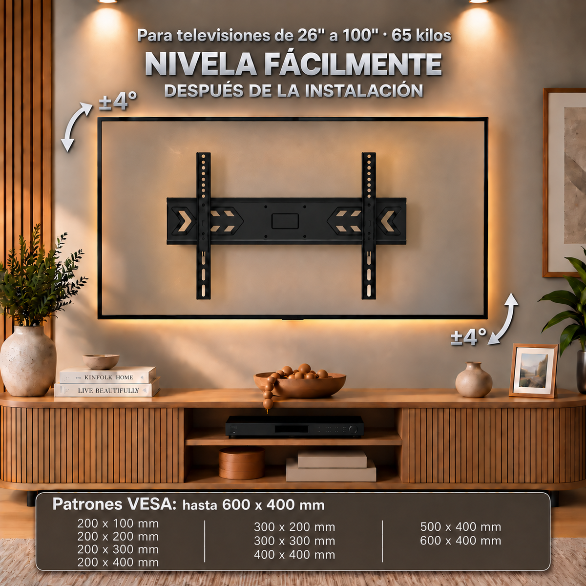 Soporte articulado XPower AX6-800: se nivela después de instalado, para TVs de 26" a 100" y VESA hasta 600 × 400.
