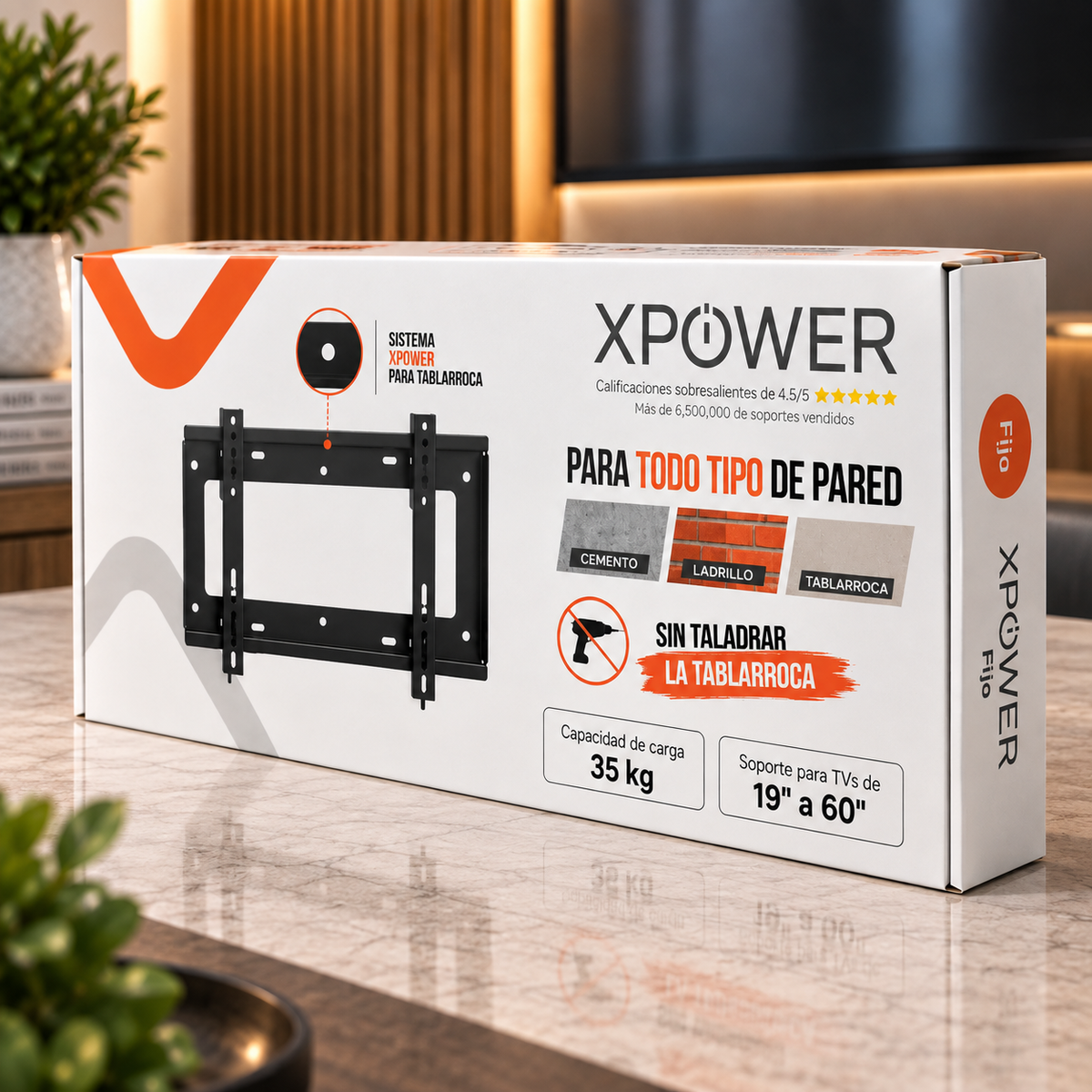 Empaque del soporte fijo XPower SFL-1960 para tablaroca, cemento y ladrillo; para TVs de 19" a 60" y hasta 35 kg.