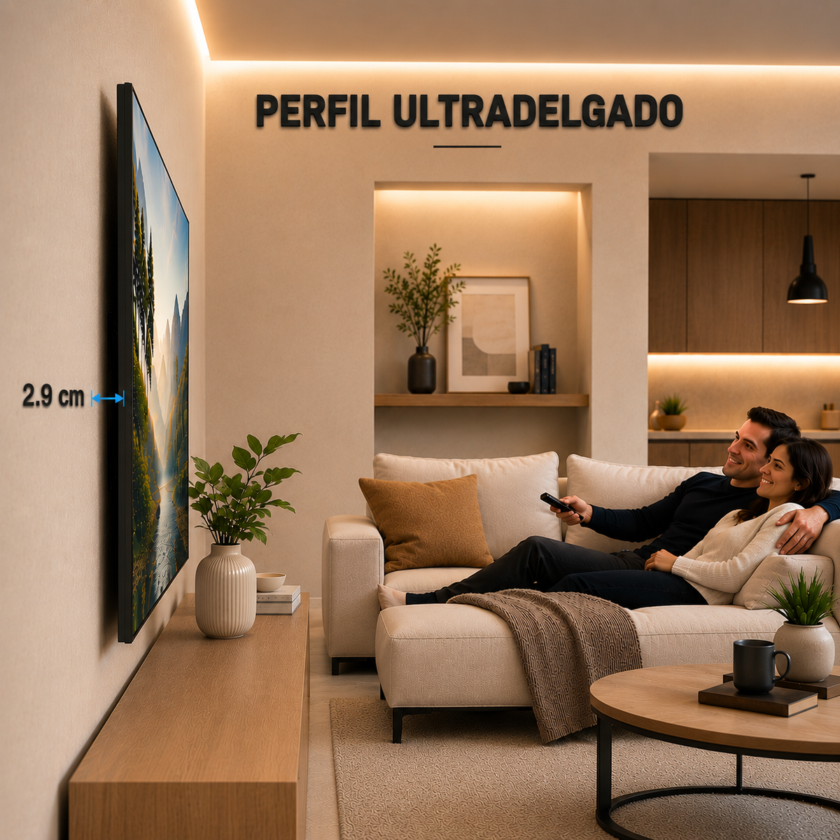Soporte fijo XPower SFL-1960: perfil ultradelgado, la TV queda a 2.9 cm de la pared.