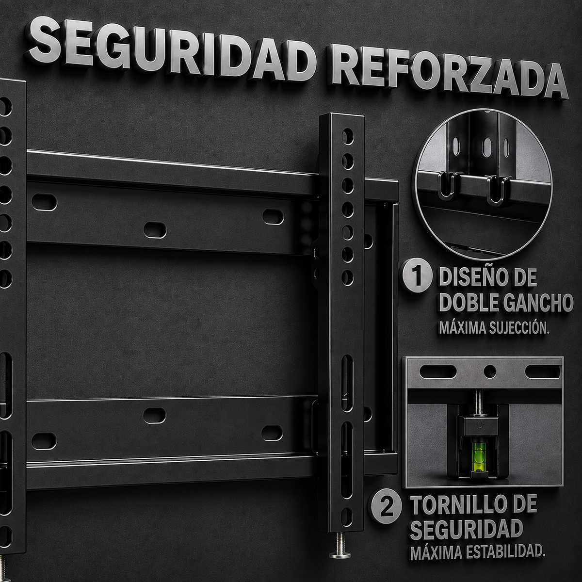 Soporte fijo XPower SFL-1960 con seguro de doble gancho y tornillo de seguridad.