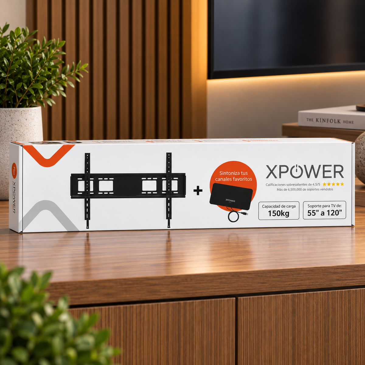 Empaque del soporte fijo XPower XF-1200 con una antena HD de regalo para ver los canales abiertos gratis; para TVs de 55" a 120" y hasta 150 kg.