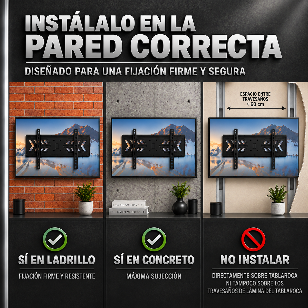 Información de las paredes donde se puede instalar el soporte de TV: sí en ladrillo y concreto; no directamente sobre tablaroca ni sobre los travesaños de lámina.