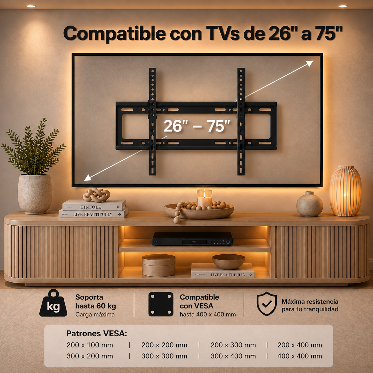 Soporte fijo XPower XF-700 para TVs de 26 a 75 pulgadas, 60 kg y VESA hasta 400 × 400
