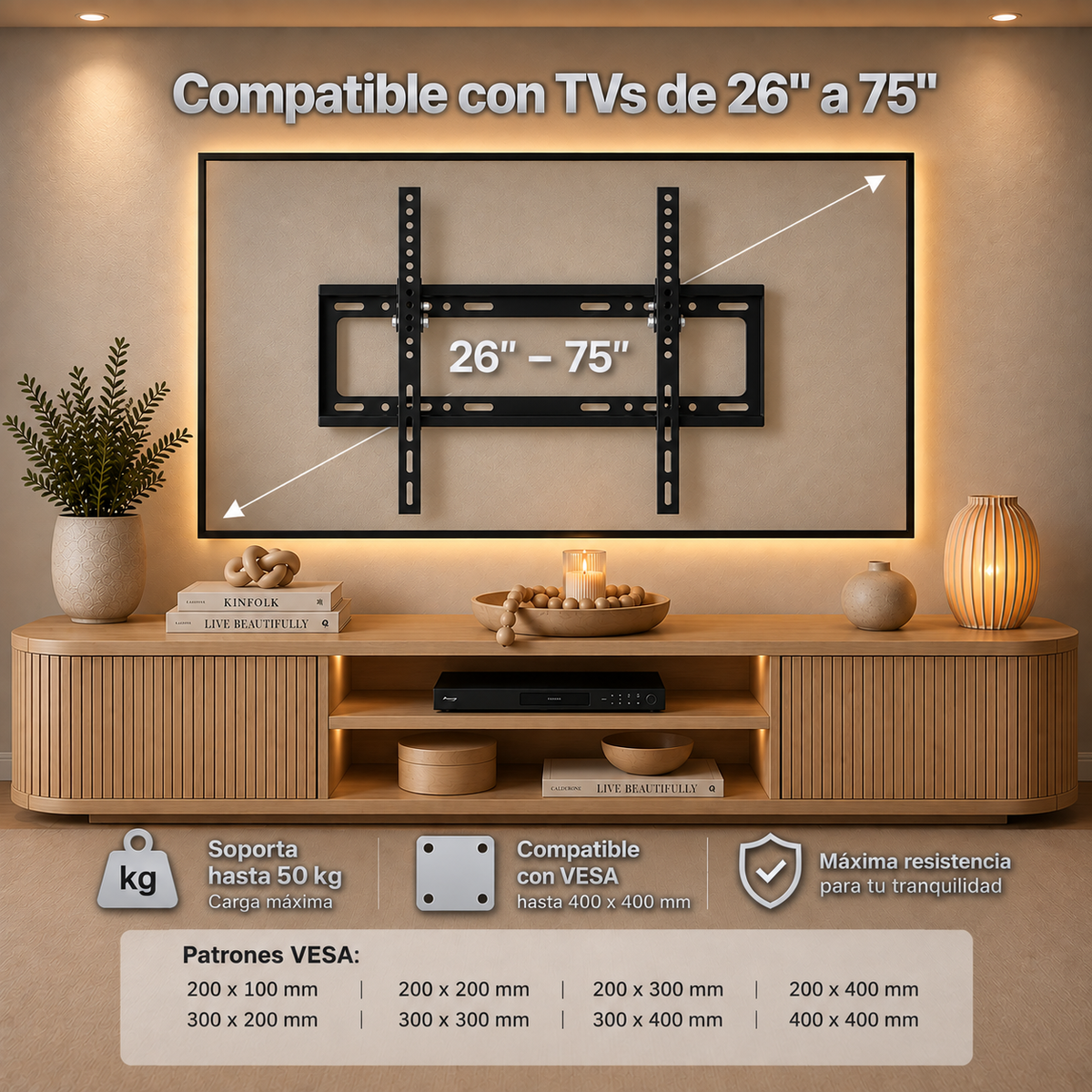 Soporte inclinable XPower XT-700 para TVs de 26 a 75 pulgadas, 50 kg y VESA hasta 400 × 400.