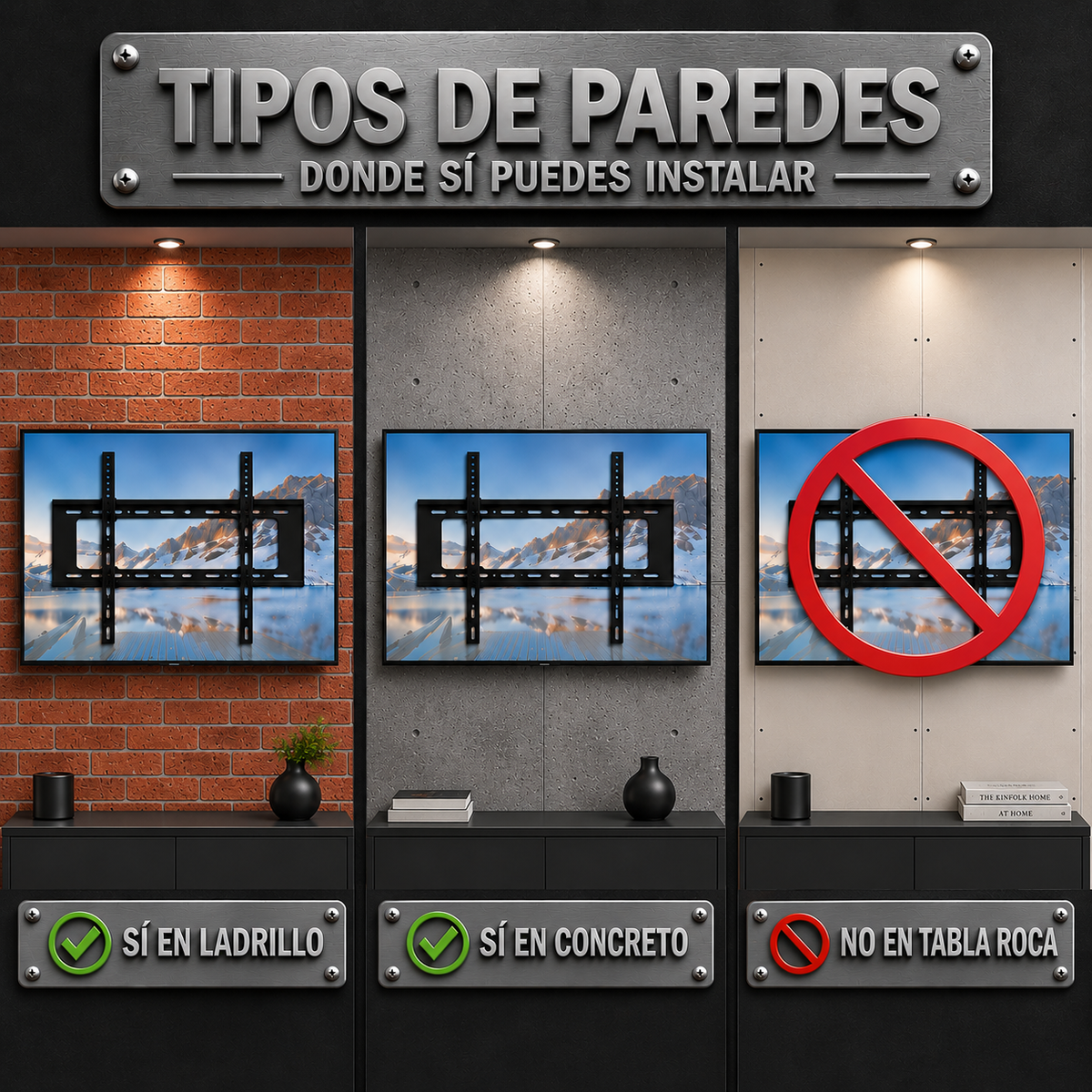 Información de las paredes donde se puede instalar el soporte de TV: sí en ladrillo y concreto, no en tablaroca.