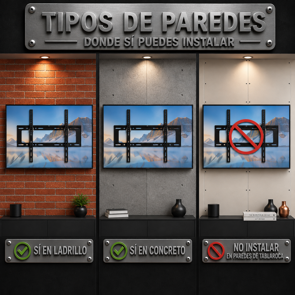 Información de las paredes donde se puede instalar el soporte de TV: sí en ladrillo y concreto, no en tablaroca.